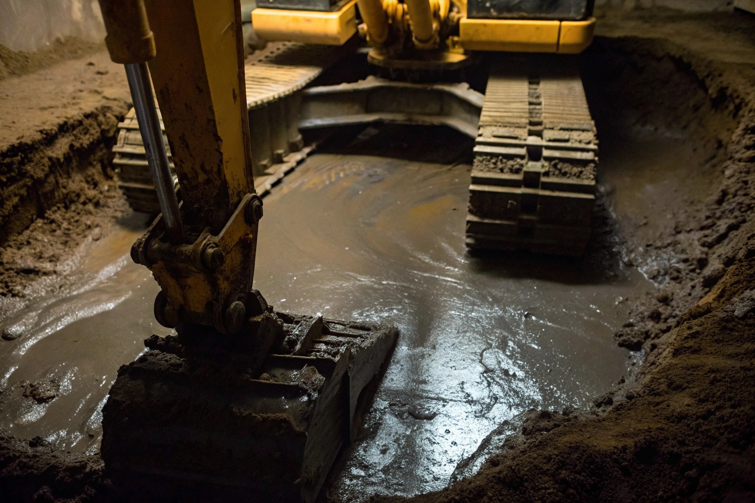 Yellow excavator bucket digging in dark, muddy water-filled hole at construction site.