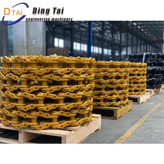 Heavy-duty excavator track link assembly made of induction-hardened steel, showing precision machining and sealed design