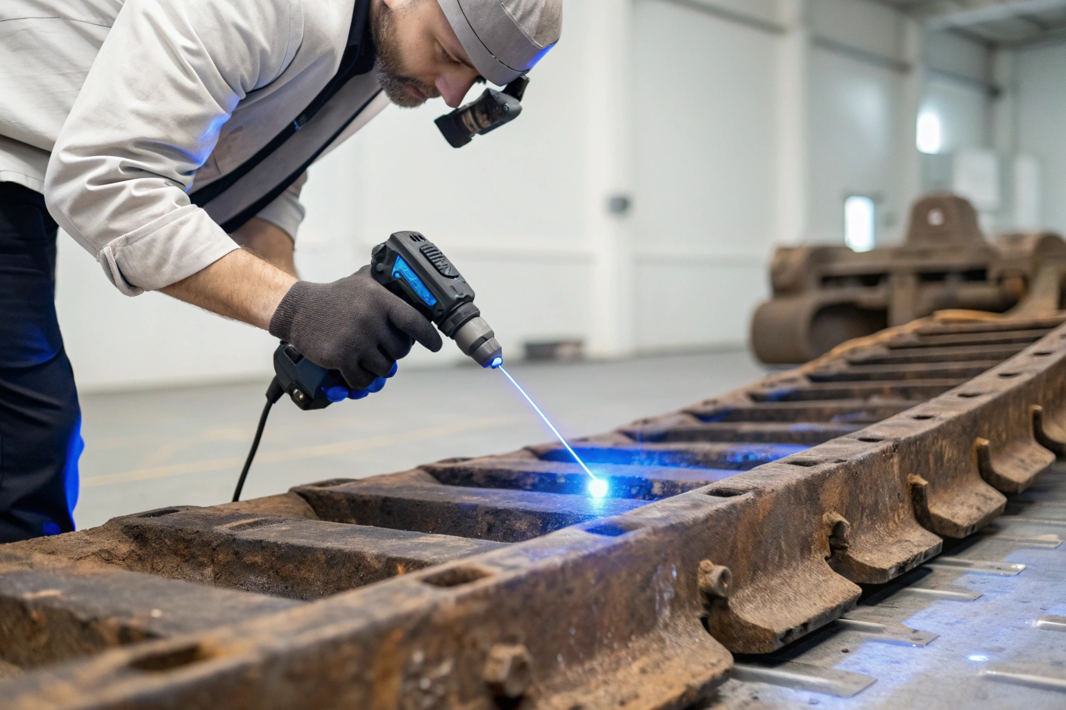 Engineer scanning a track shoe with a handheld 3D laser scanner