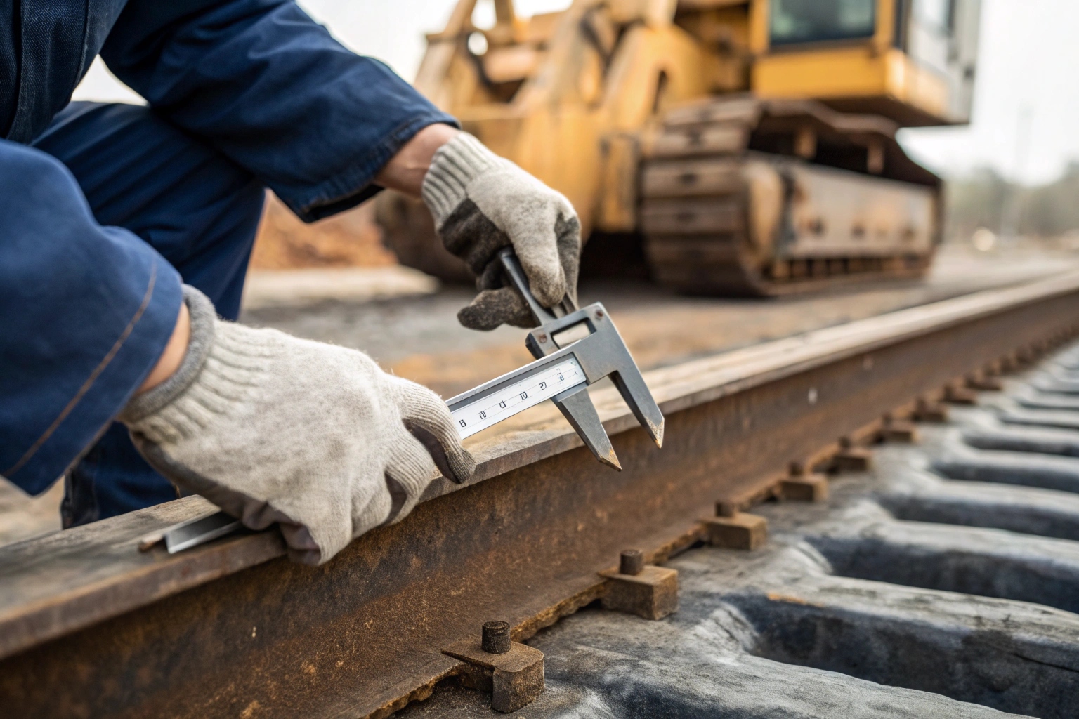 Using a depth gauge on excavator track shoes