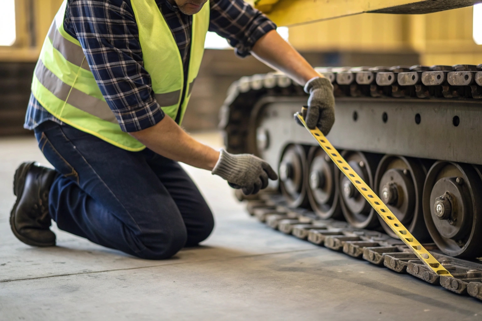 technician checking excavator track tension sag