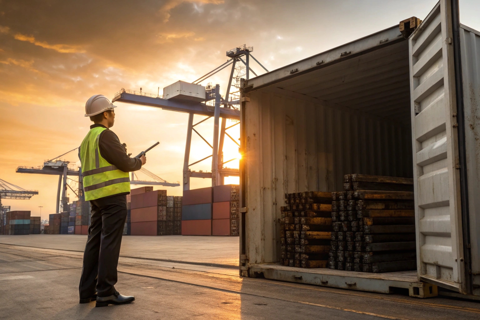 Customs officer inspecting documents for excavator parts