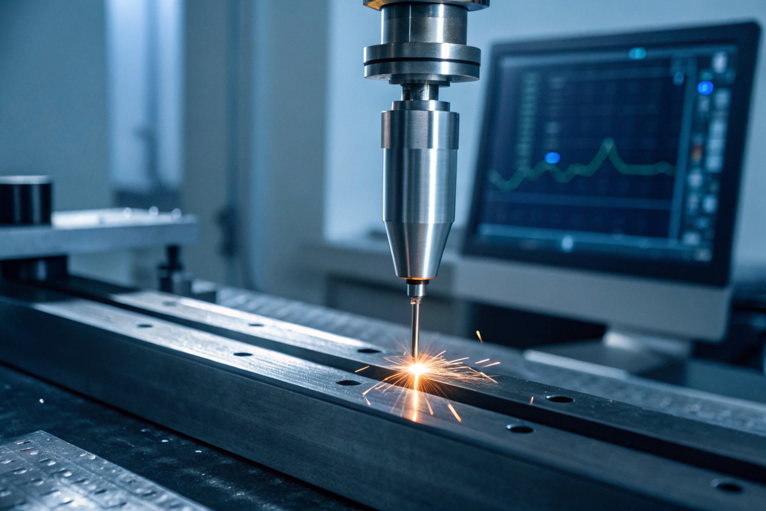 Technician analyzing a metal sample with a spectrometer