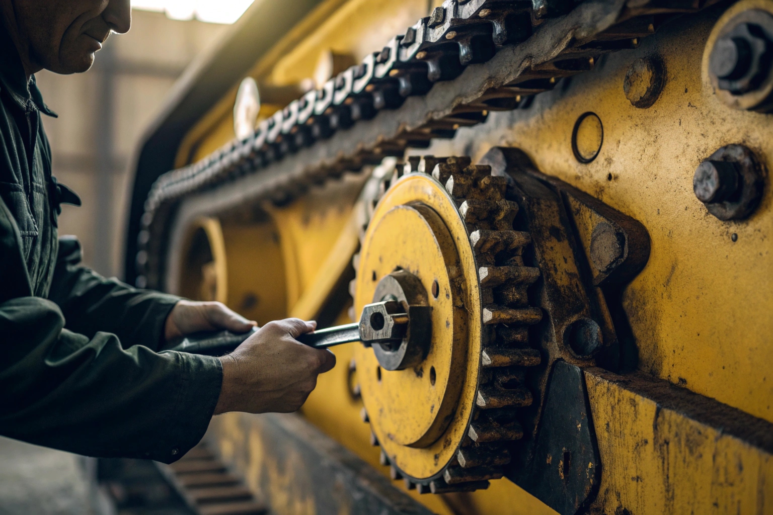 Technician measuring track pitch