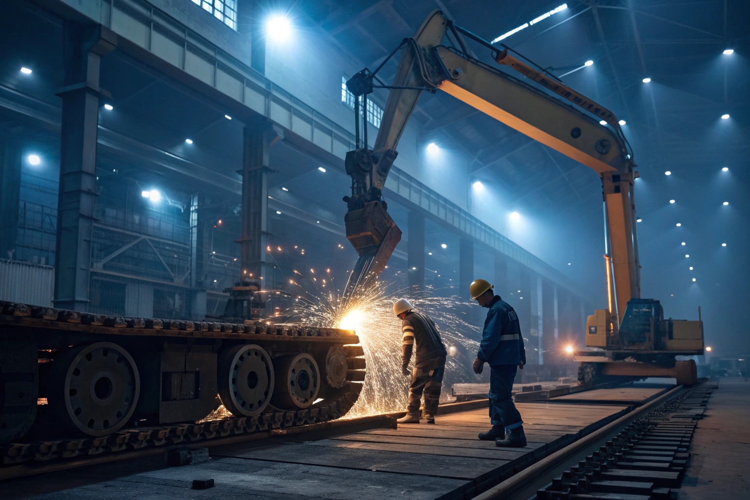 Track shoe assembly line and emergency shift work