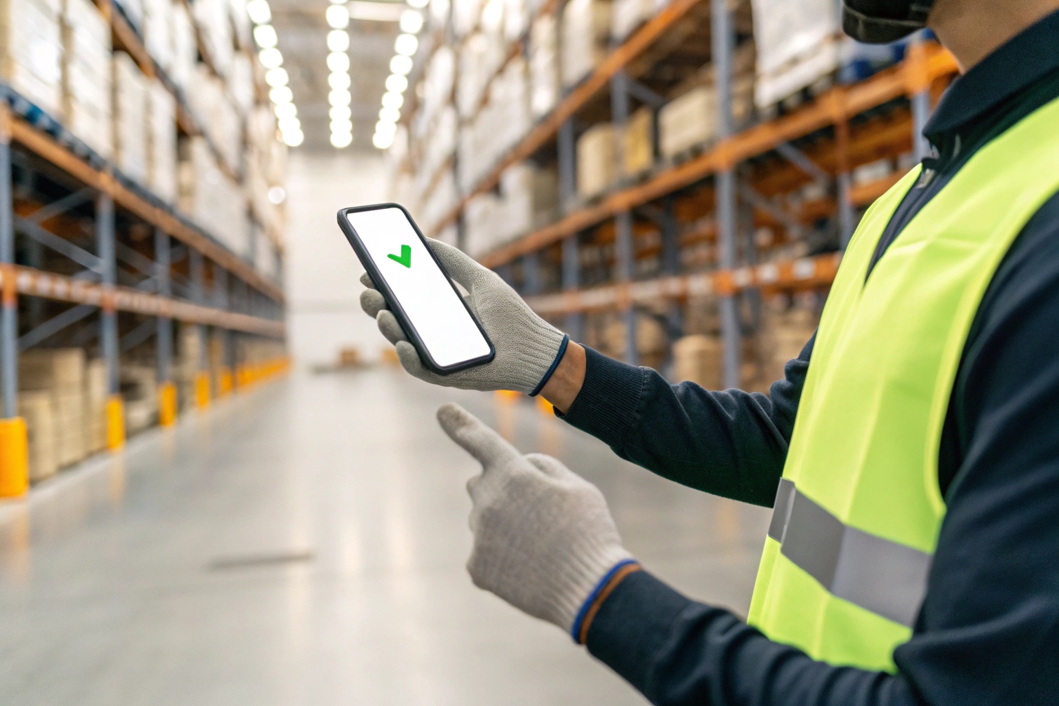 Worker scanning a QR code on a steel track shoe with a smartphone
