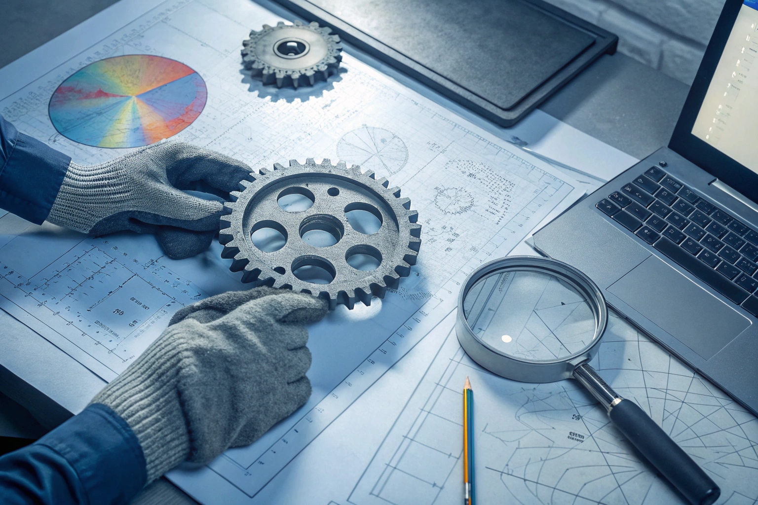 Engineers analyzing track shoe defects