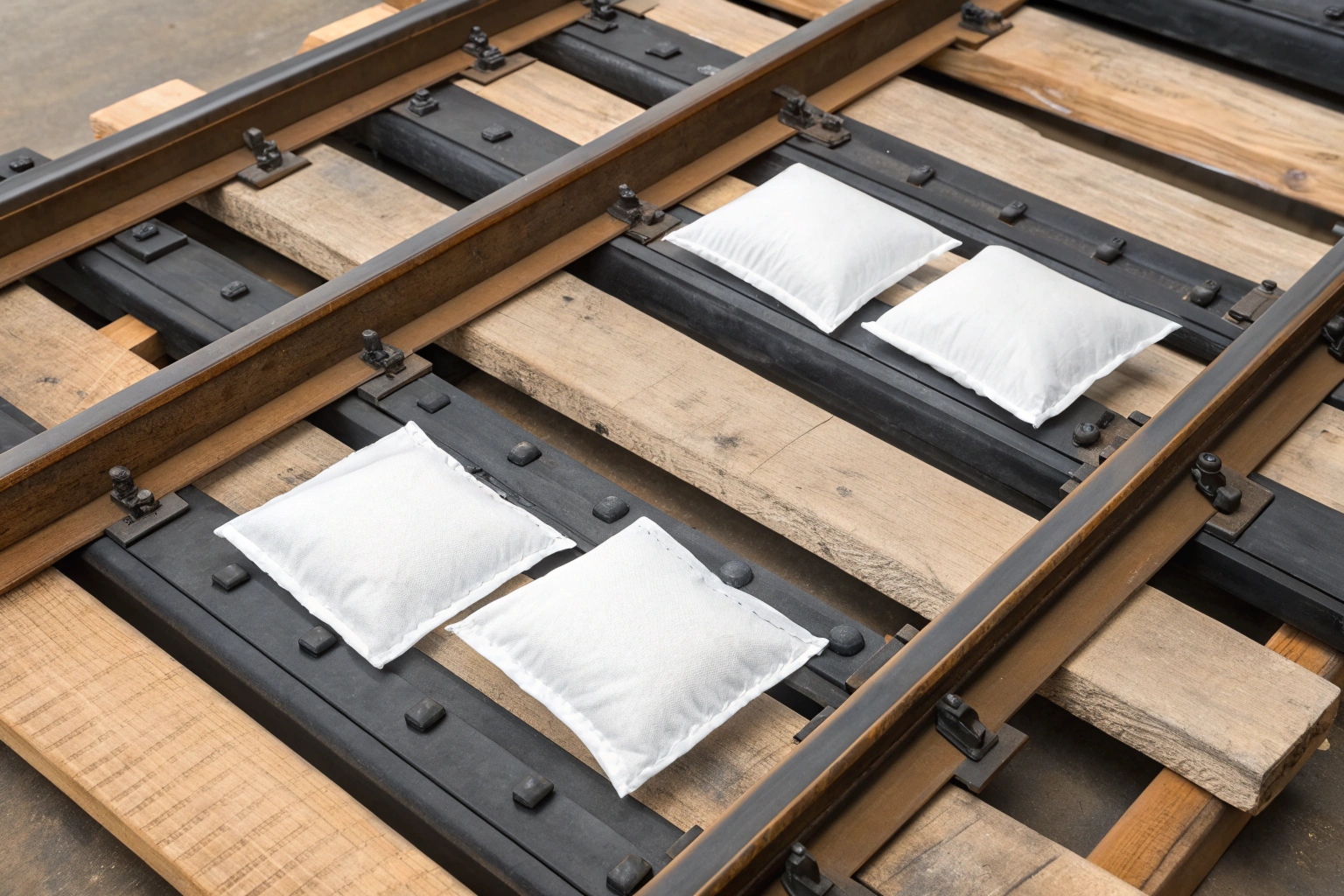 Desiccant bags placed on a pallet of track shoes