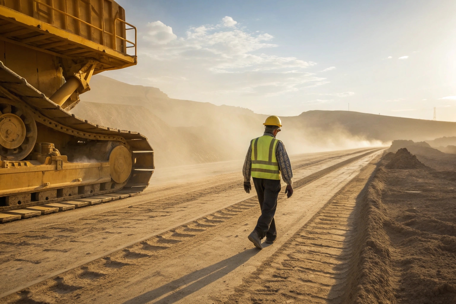Maintenance crew inspecting excavator tracks in a mine