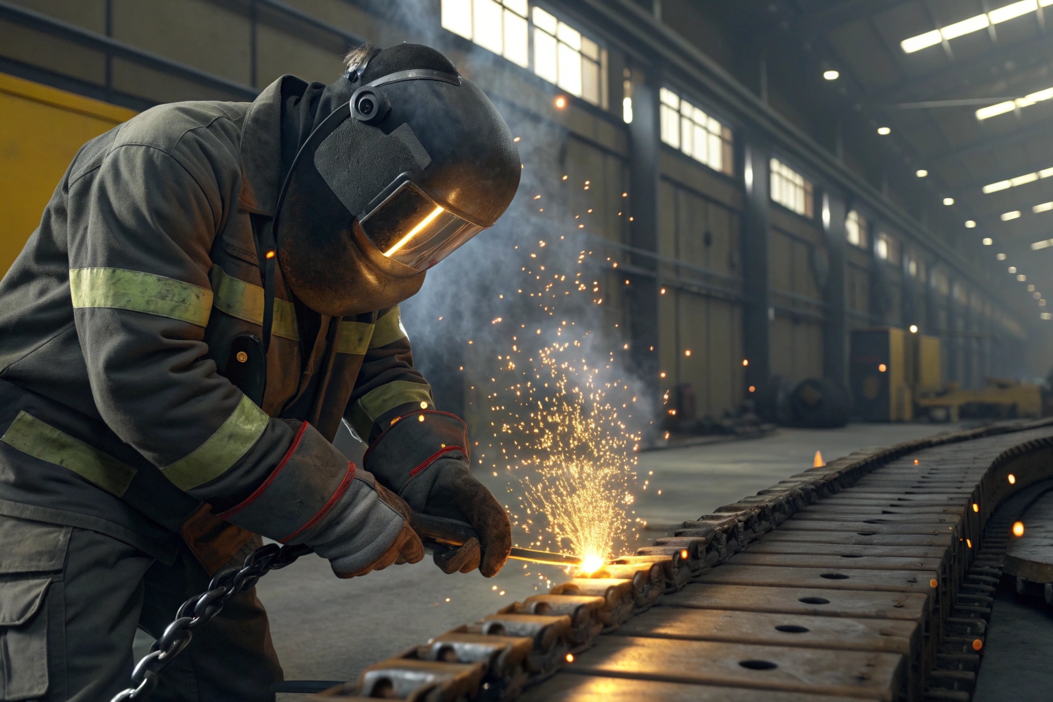 Workers using safety gear on the assembly line