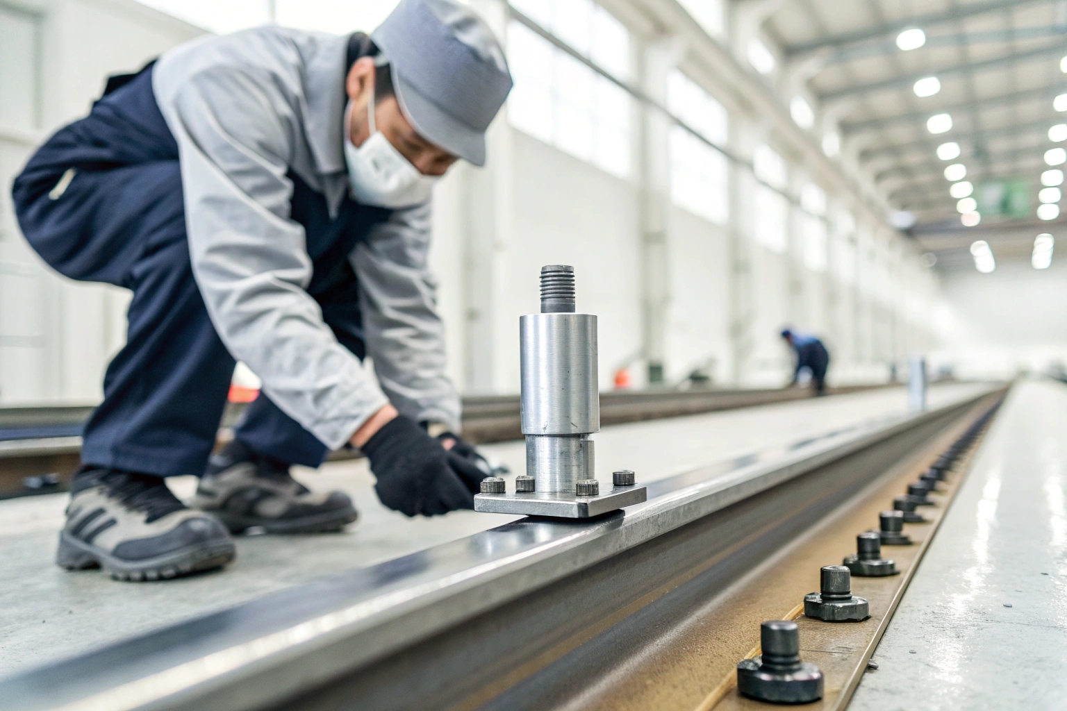 Inspector using Go/No-Go gauges and CMM on track shoes