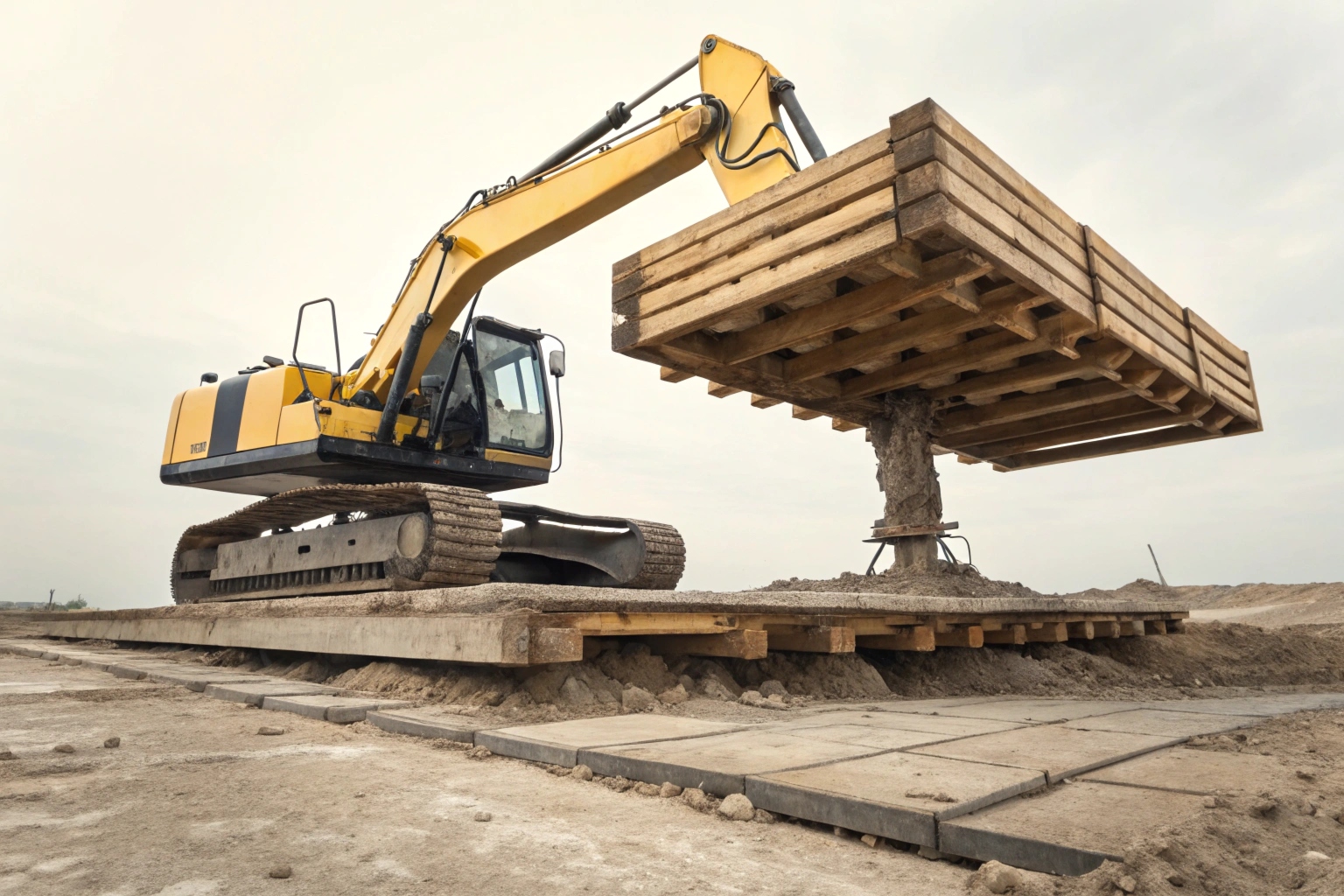 Safety cribbing under excavator track