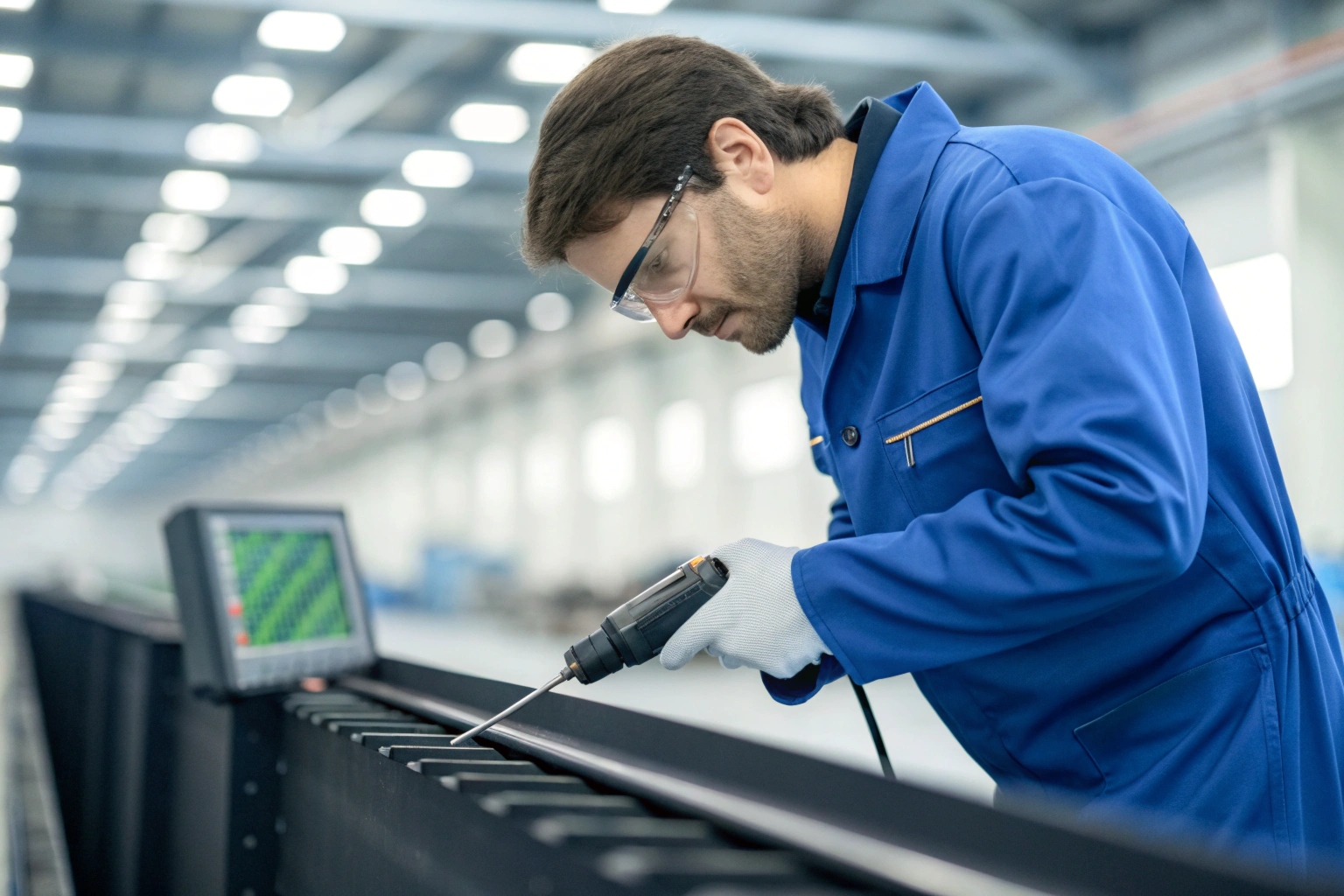 Ultrasonic testing equipment scanning steel welds