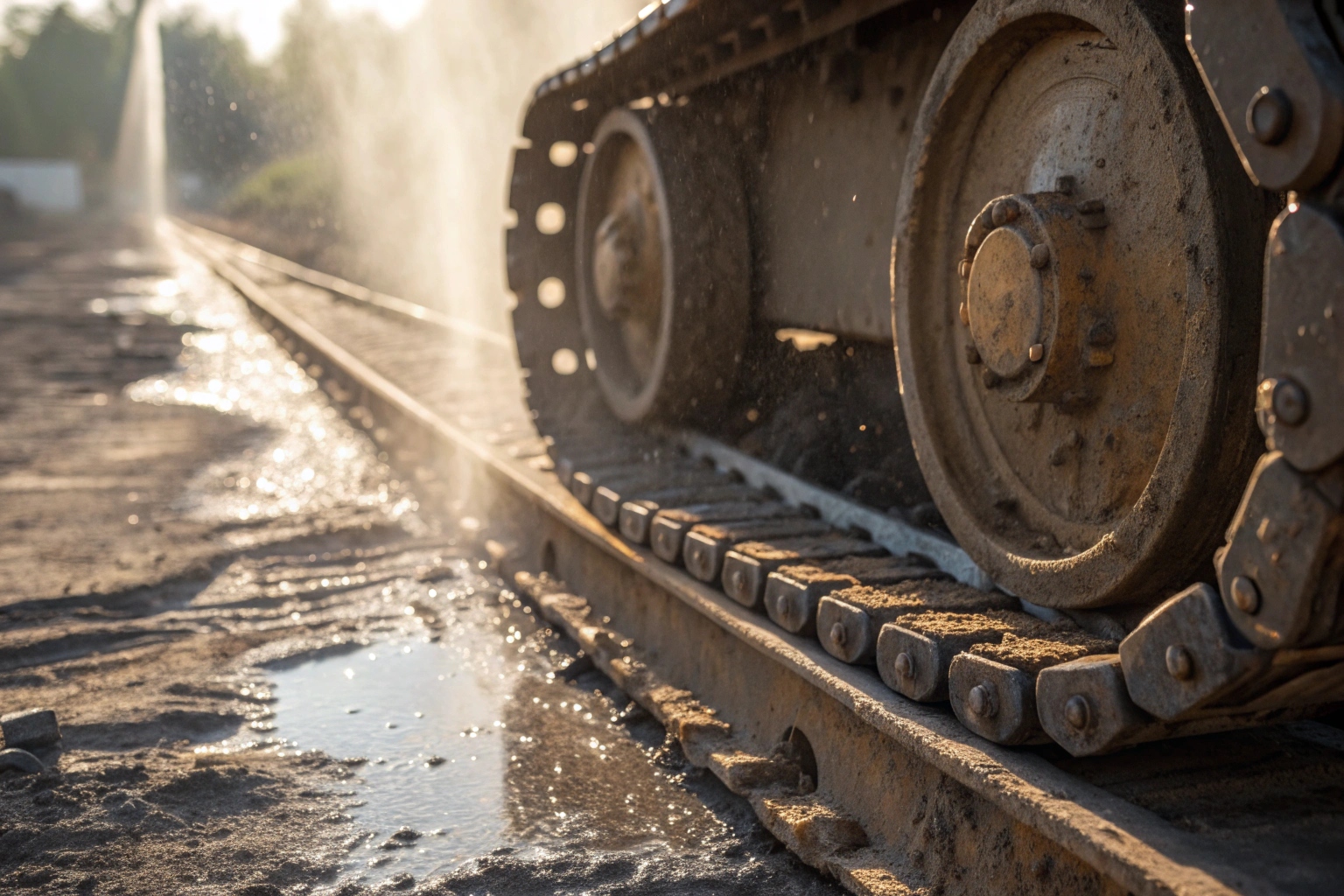 Excavator tracks being cleaned of dried mud