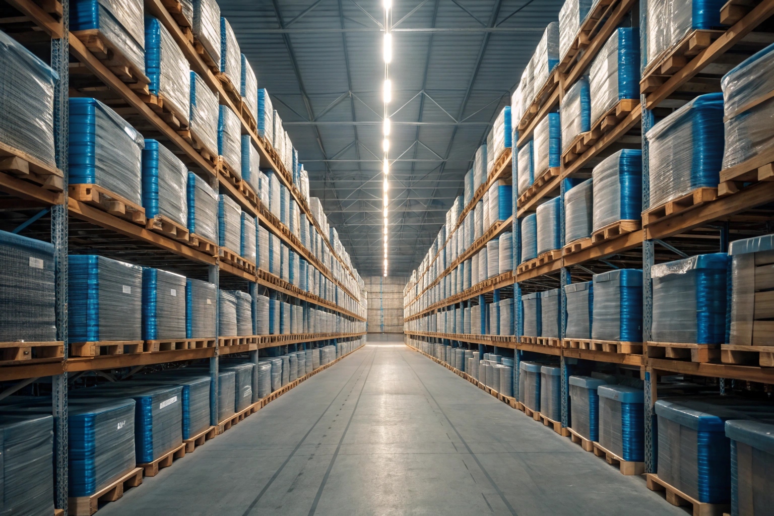 Stacked track shoe assemblies in a clean warehouse
