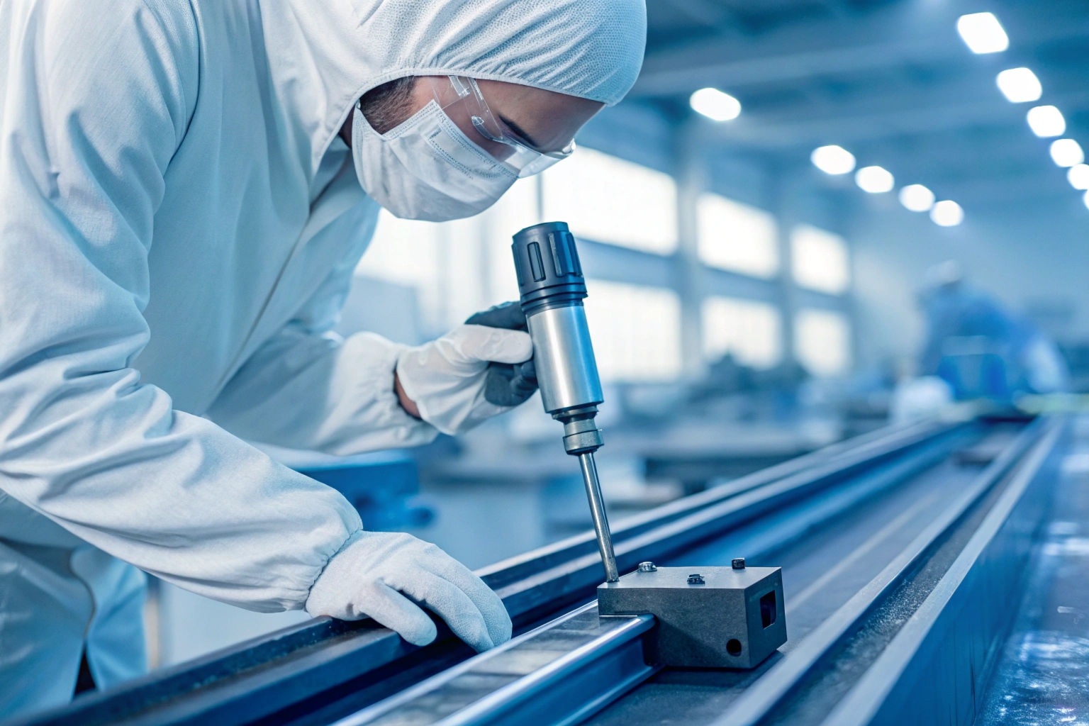 Quality control engineer testing steel hardness