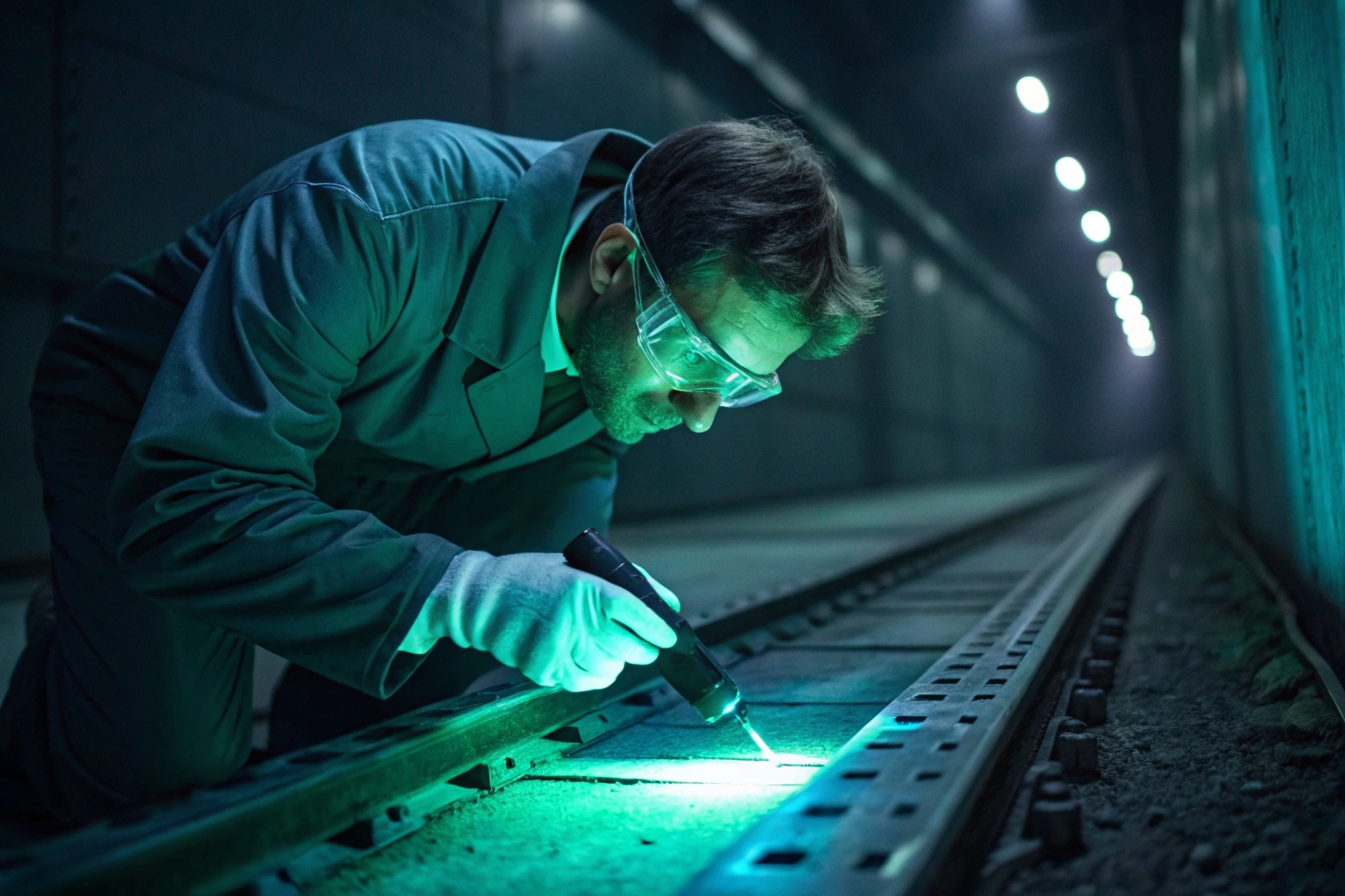 Quality control inspector testing track shoe hardness