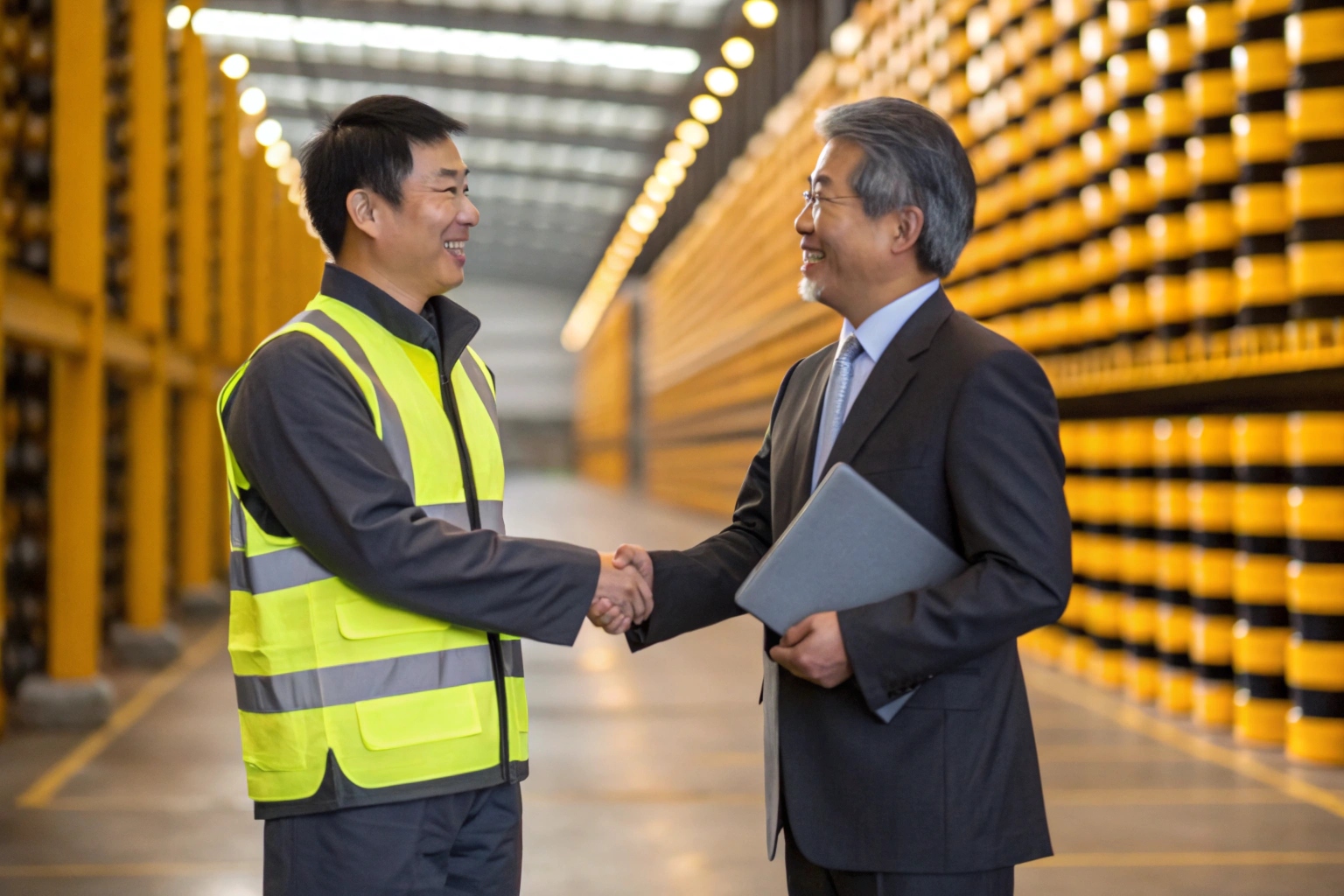 Two businessmen shaking hands in a factory setting