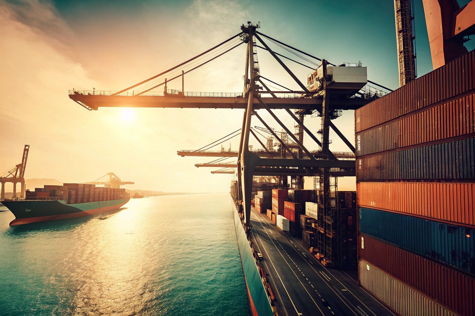 Container ship loaded with cargo at a busy port