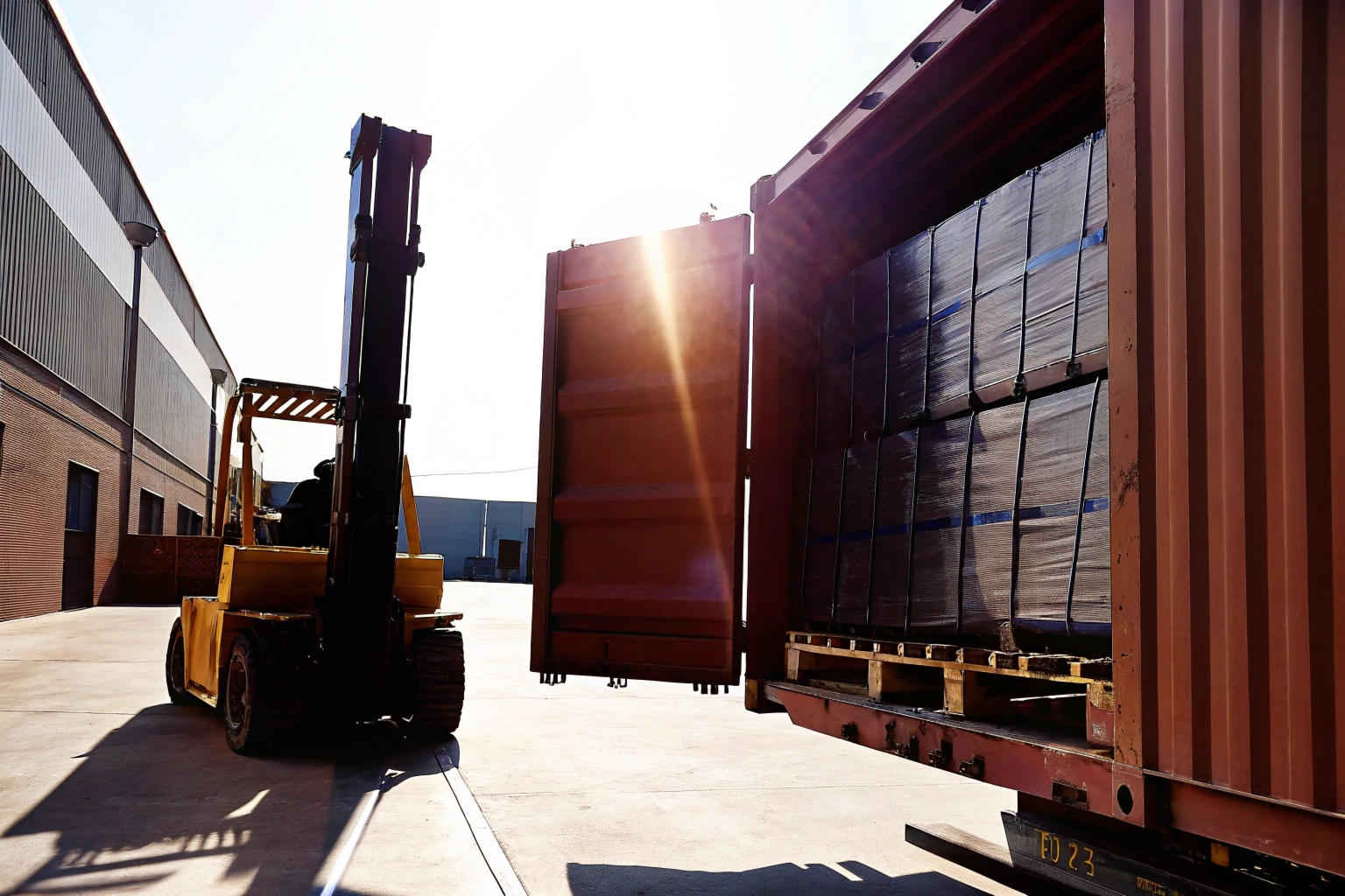 Forklift loading pallet into a shipping container