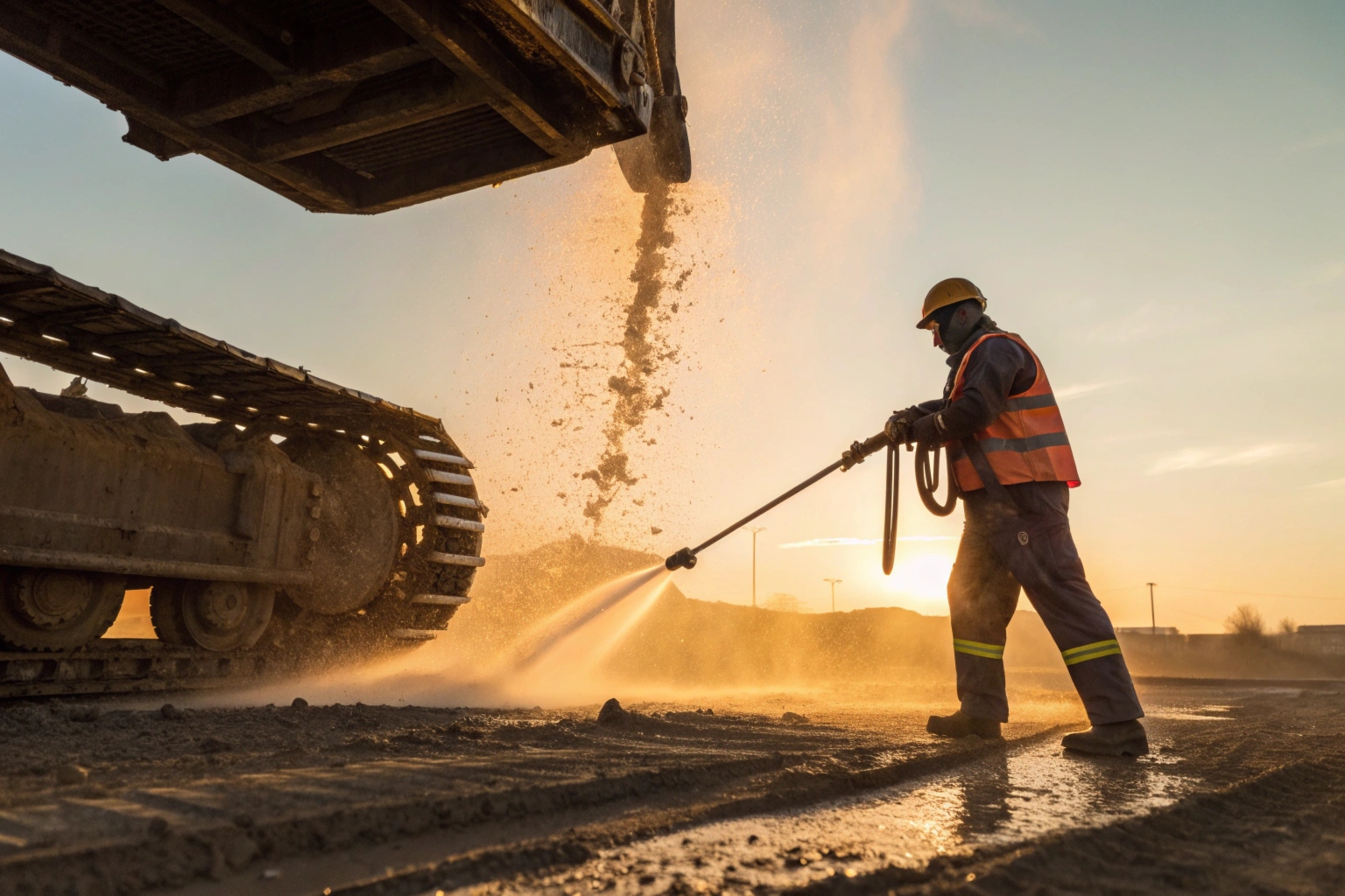 Worker washing excavator tracks