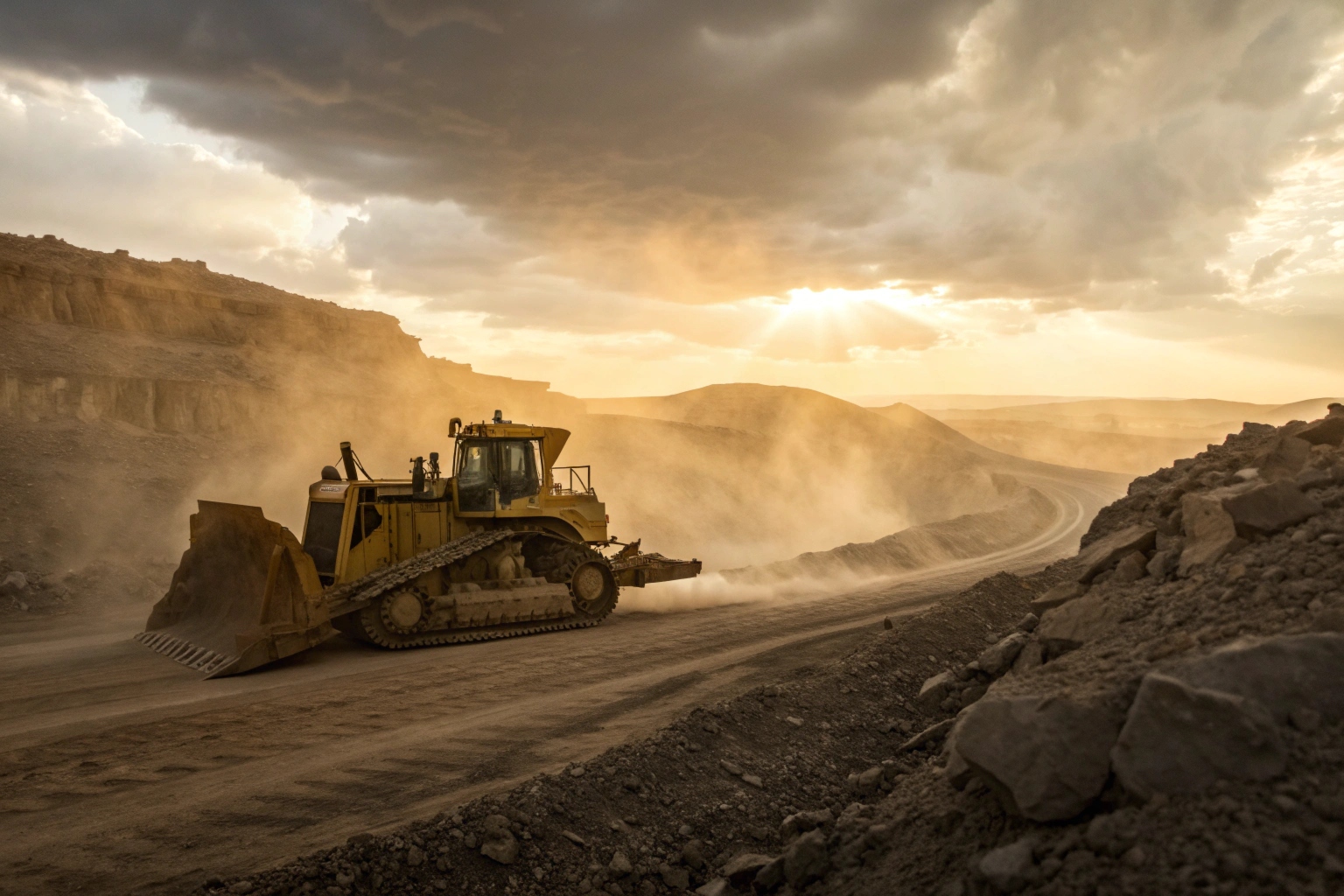 excavator working in a quarry with new track shoes