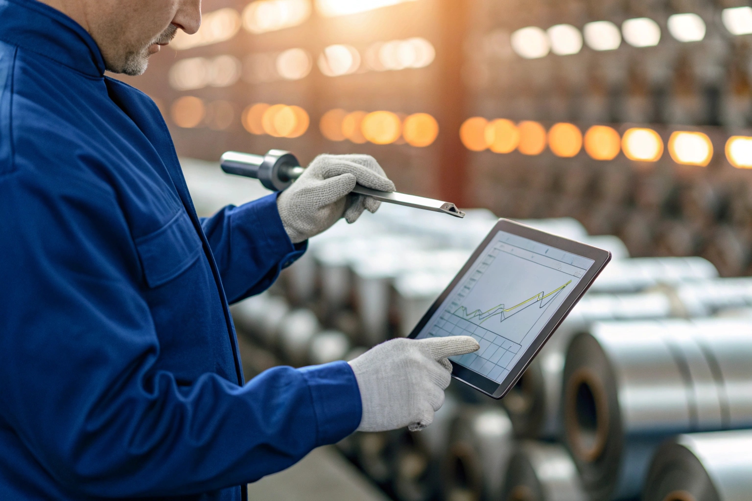 quality control inspector measuring track link dimensions