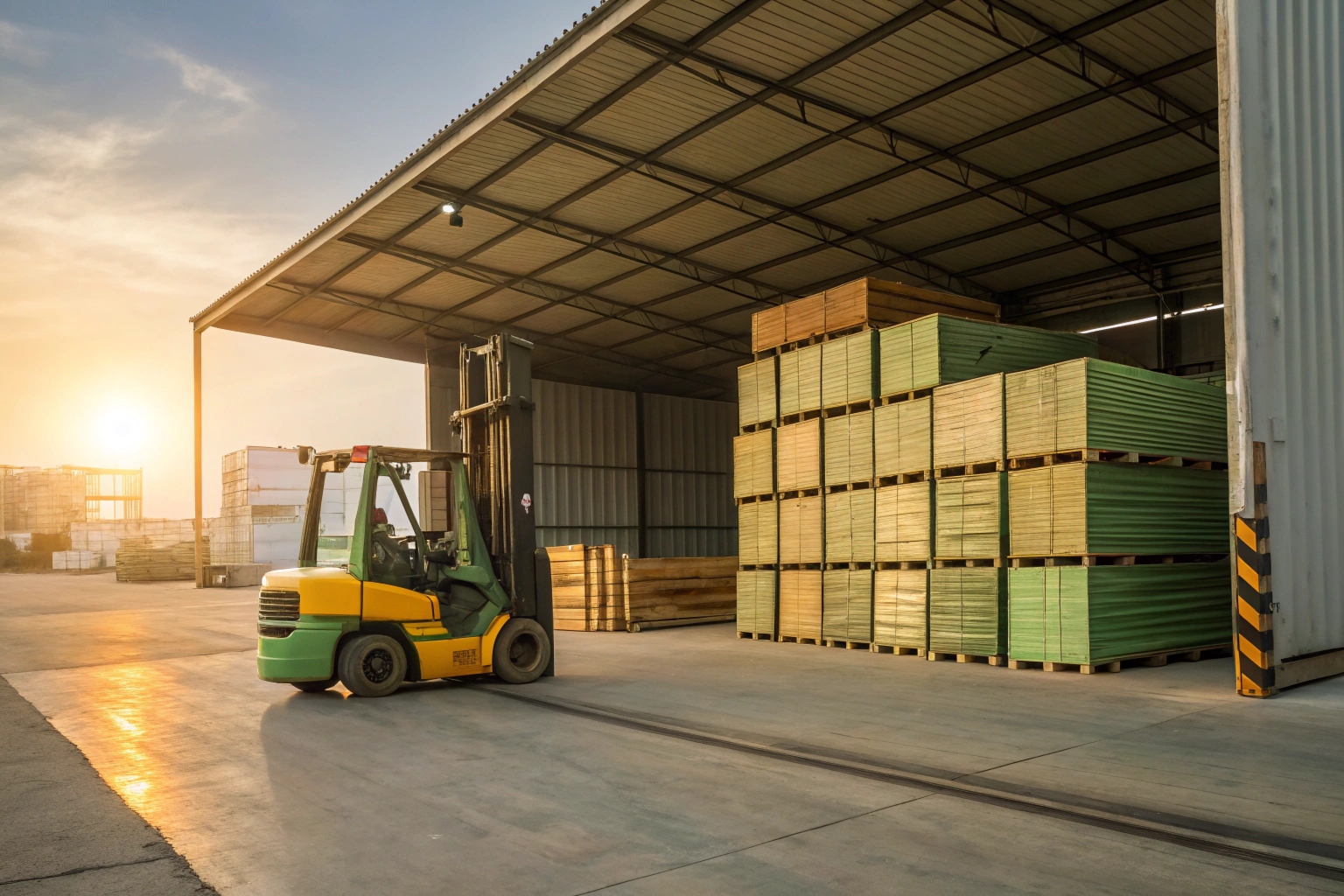 Forklift loading a container with custom colored track parts