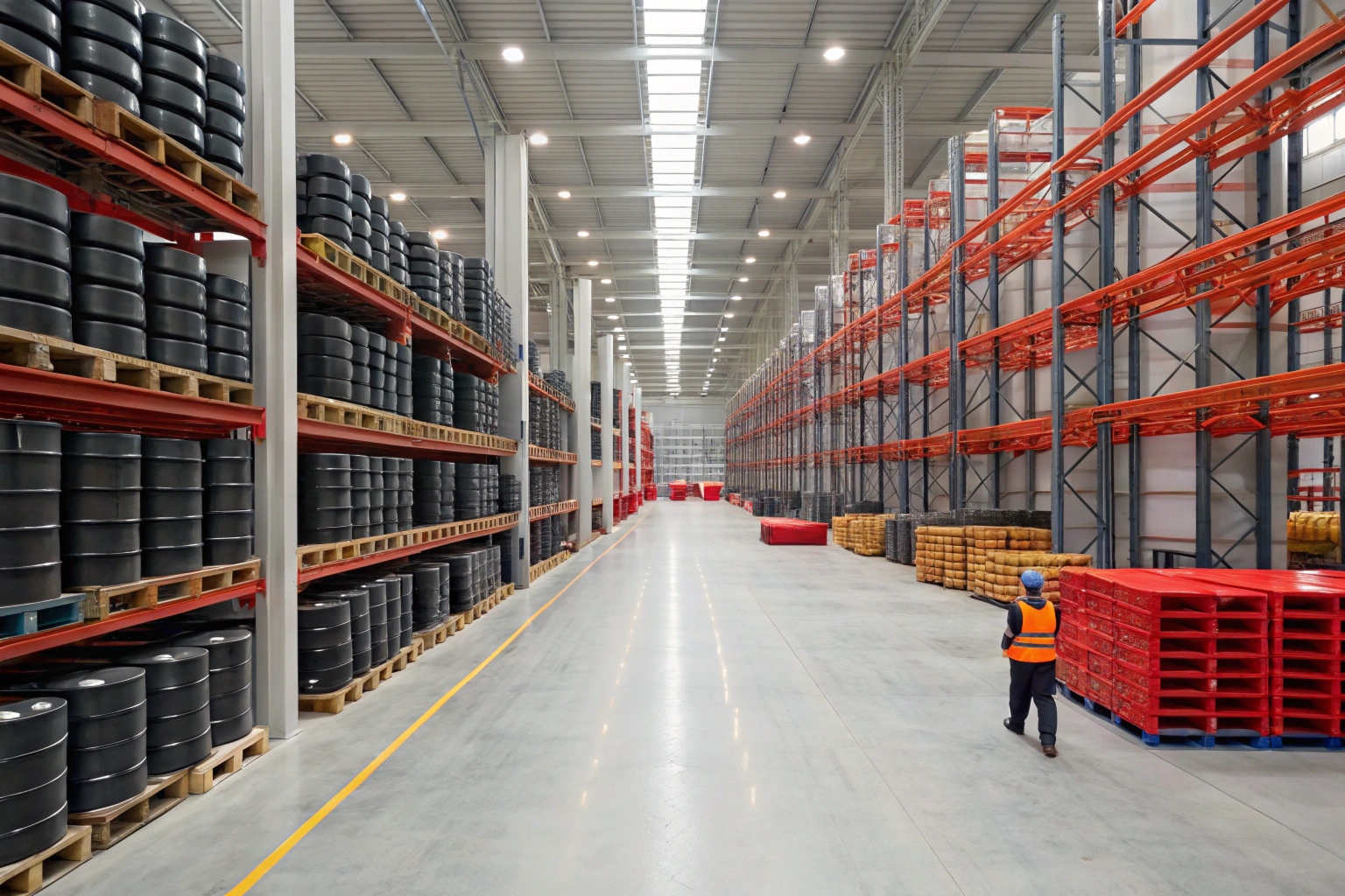 Warehouse racking showing color coded track shoes for easy identification